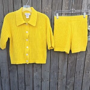Bailey 44 Yellow Knit set Cardigan Top with matching shorts Size Xs